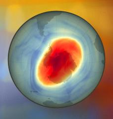 An MIT study finds that smoke particles in the stratosphere can trigger chemical reactions that erode the ozone layer — and that smoke particles from Australian wildfires widened the ozone hole by 10 percent in 2020. This map shows the size and shape of the ozone hole over the South Pole on Oct. 5, 2022.
