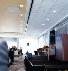 At the 2025 MIT Energy Initiative Spring Symposium, Evelyn Wang (at lectern), the MIT vice president for energy and climate, joined MITEI Director William H. Green to discuss how collaborations across campus can help solve the data center challenge.