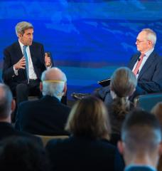 Special Presidential Envoy for Climate John Kerry and MIT President L. Rafael Reif discussed strategies to help the world avert the worst consequences of climate change and make the United States a leader again in bringing technology into commercial use. 