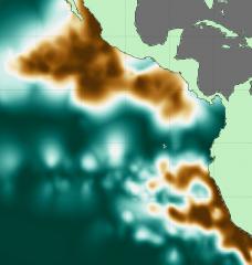 Oxygen deficient zone intensity across the eastern Pacific Ocean, where copper colors represent the locations of consistently lowest oxygen concentrations and deep teal indicates regions without sufficiently low dissolved oxygen.