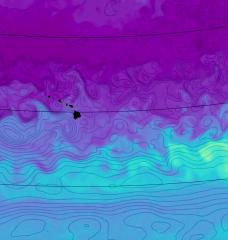 This video still of the North Pacific Ocean shows phosphate nutrient concentrations at 500 meters below the ocean surface. The swirls represent small eddies transporting phosphate from the nutrient-rich equator (lighter colors), northward toward the nutrient-depleted subtropics (darker colors).