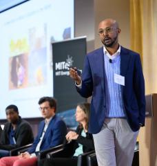 During MITEI’s Spring Symposium, MIT Assistant Professor Iwnetim Abate (right) said that geologic hydrogen opens up the idea of earth as a “factory to produce clean fuels,” utilizing the subsurface heat and pressure instead of relying on burning fossil fuels or natural gas for the same purpose.