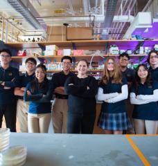 Students from Malden Catholic High School worked with MIT chemical engineer Ariel Furst to create electrodes for low-cost microbial fuel cells. Left to right: Chengxiang "Eric" Lou, Christian Ogata, Angelina Ang, Phuc "Vincent" Nguyen, Ariel Furst, MaryKatherine Zablocki, Kenneth Ramirez, Brianna Tong, Isaac Toscano, and Seamus McGuire. 