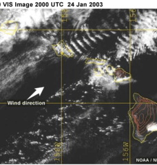 Satellite photo depicting a line of wavefront clouds over ocean.