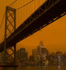 Smoke from the North Complex fire in summer 2020 settled over San Francisco, turning the daytime sky a dark orange.