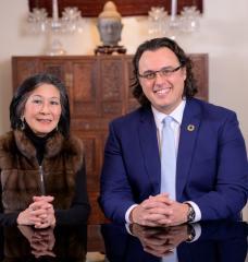 Global Engineering and Research (GEAR) Center founder Lisa Yang (left) sits with GEAR Center director Amos Winter, MIT associate professor of mechanical engineering.