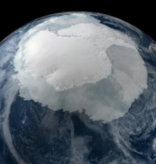 MIT scientists suggest sea ice extent in the Southern Ocean may increase with glacial melting in Antarctica. This image shows a view of the Earth on Sept. 21, 2005 with the full Antarctic region visible. 