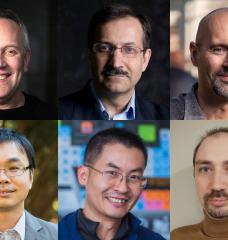 MIT faculty honored with 2025-26 APS awards and fellowships are (top row, l-r) Yoel Fink, Mehran Kardar, and Jorn Dunkel; (bottom row, l-r) Yen-Jie Lee, Mingda Li, and Julien Tailleur.