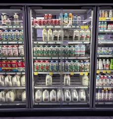 Rows of milk jugs in fridges in a grocery store.