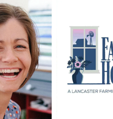 A composite of two side-by-side images. On the left, a woman with a blue shirt smiles. On the right is the logo of the FarmHouse podcast: a flowerpot and a window, through which we can see a small building and windmill.