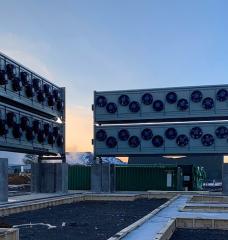 Pictured are two of the four absorber units at Climeworks’ direct air capture and storage plant, Orca, in Hellisheidi, Iceland. Each absorber unit can remove about 1,000 tons of carbon dioxide per year. 