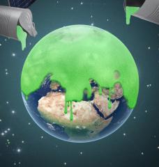 Graphic of green paint being poured on the Earth from satellites