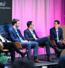 Pablo Duenas-Martinez (right), a research scientist at MITEI, moderates a panel on innovations and approaches to efficient, economic production of firm power at scale with (from left to right) Lev Ring, president and co-founder of Sage Geosystems; Christian Besoiu, team lead for technology development at Eavor; and Joseph Bonafin, director of next-generation geothermal at Turboden.