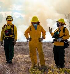 Kathleen Theoharides (center) oversees the Commonwealth’s six environmental, natural resource, and energy regulatory agencies. In this role, the secretary joined MassWildlife for a prescribed burn on April 8 at the Birch Hill Wildlife Management Area. This habitat management practice benefits wildlife, can enhance firefighter and public safety, and improves outdoor recreational opportunities for Commonwealth citizens and visitors.