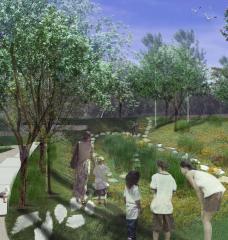 The Malden River Works project is seeking to connect to a contiguous greenway network. Here, a view of the bioretention area and the accessible pathway to the river.