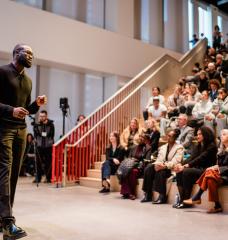 Jaylen Brown speaks on the importance of climate and climate action for Day of Climate at the MIT Museum.