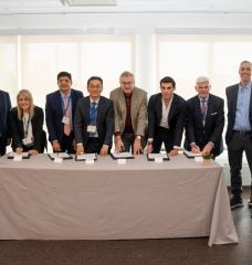 Representatives from across the MIT Maritime Consortium attended a signing ceremony at MIT. Left to right: Fotini Christia (MIT), Anantha Chandrakasan (MIT), Chara Papaefthymiou (Navios), Amulya Mohapatra (Foresight Group Services), Kwangpil Chang (HD KSOE), Chris Wiernicki (ABS), Miltiadis Marinakis (Capital), John Lycouris (Dorian LPG), Daniel Huttenlocher (MIT), and Themis Sapsis (MIT).