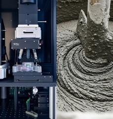 A confocal Raman microscope (left) tracks the chemical evolution of CO₂-injected cement paste samples over 24 hours; the custom stage's quartz window enables the laser to scan from below. Cement paste is the basis for fresh concrete, as pictured at right; CO₂-injected concrete is gaining commercial traction as a material that permanently stores carbon dioxide.