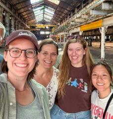 Sara Jex MCP ’25 (second from left) and family members visit 7000 Central Ave. in Cleveland, Ohio, a vacant 183,000-square-foot factory once used to manufacture Hulett unloaders. The building is among the first strategic acquisitions of the Site Readiness Fund for Good Jobs, which is working to redevelop disinvested industrial sites.