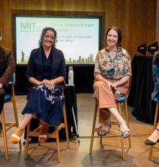 Aaron Krol, managing editor of the MIT Climate Change Engagement Program, led MIT’s Climate Week NYC session “Climate Communication for Impact,” which featured (left to right) Allison Crimmons of Talking Climate, Arielle Tannenbaum of Climate Central, and Mallika Talwar of Yale University.