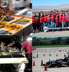 Clockwise from top left: Battery work by a student on the Motorsports team, the MIT Rocket Team in the California desert, MIT Motorsports at the Formula SAE Lincoln Competition, and the MIT Solar Electric Vehicle Team testing their solar car in the Ford Wind Tunnel.