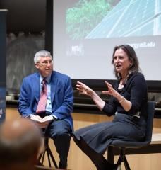 Emily Carter (right), the Gerhard R. Andlinger Professor in Energy and the Environment at Princeton University, explained how climate change mitigation must include transformation, intervention, and adaptation strategies. William Green, director of the MIT Energy Initiative, moderated the discussion.
