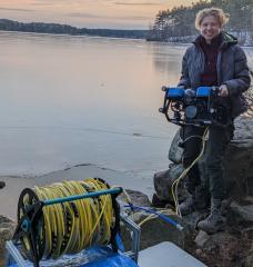 To determine the greenhouse gas emissions from thawing permafrost, MIT senior Sylas Horowitz has been developing a high-performance, remotely operated vehicle (ROV) that can collect water samples from beneath a sheet of Arctic ice. Here, Horowitz field tests the Arctic ROV at Lake Whitehall, Massachusetts. 