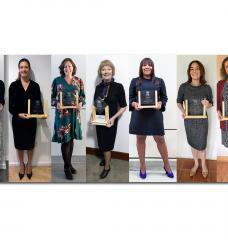 The 2020 U.S. C3E Award recipients (left to right): Kathy Hannun of Dandelion Energy; Cristina Garcia of the Building Electrification Initiative; Britta von Oesen of CohnReznick Capital; Lindsay Dubbs of the Coastal Studies Institute and UNC Chapel Hill; Bobi Garrett of the National Renewable Energy Laboratory; Elizabeth Kaiga of DNV GL; María Hilda Rivera of Power Africa; Natalie Meyero of the City of Bozeman, Montana; and Simona Onori of Stanford University.